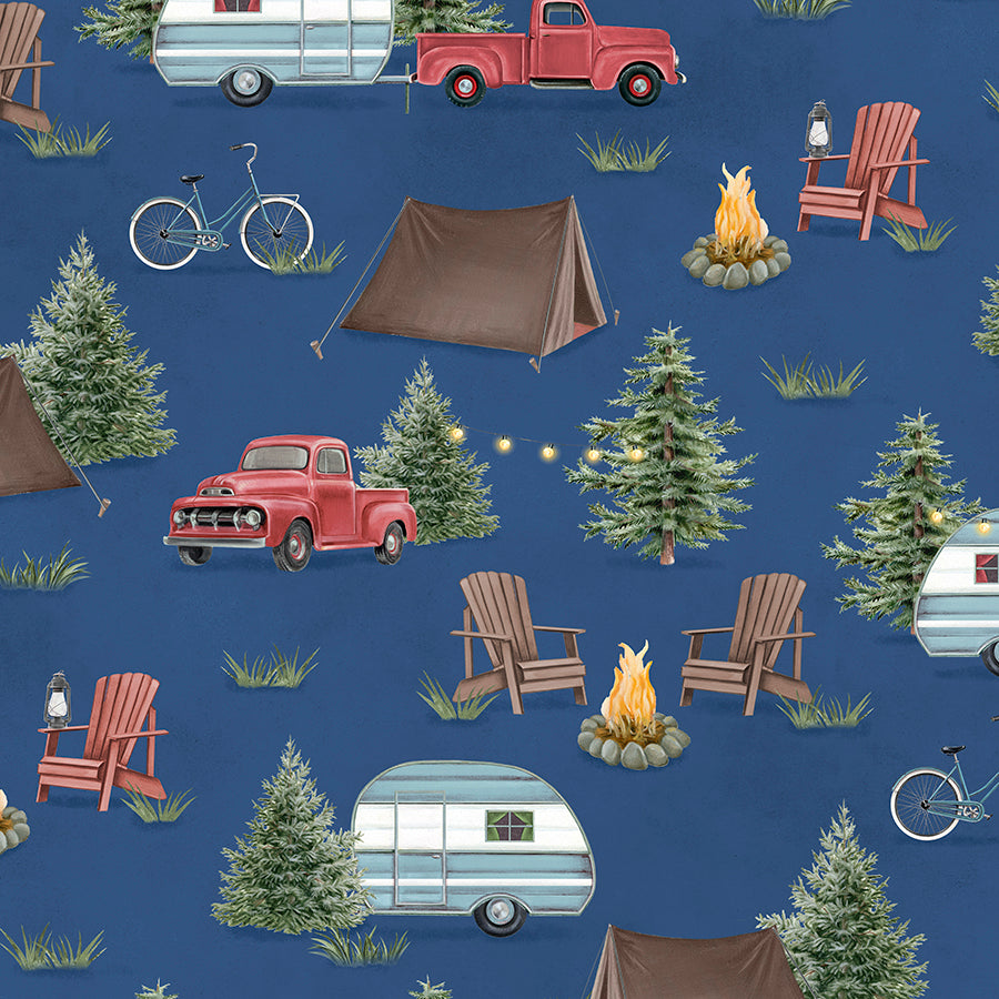 Evergreen Escape Camping Scenic All Over Navy