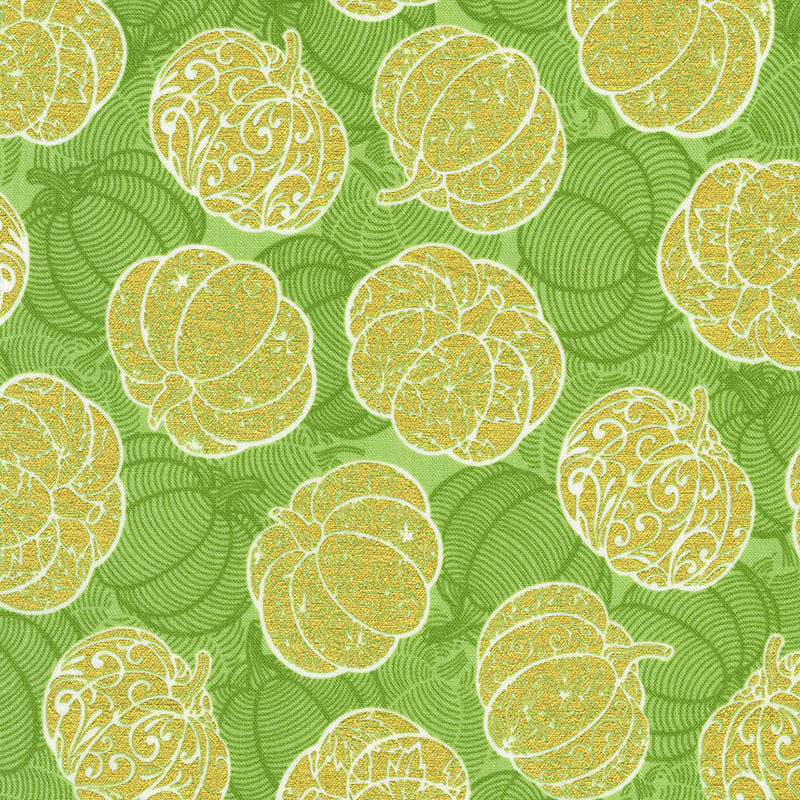 Robert Kaufman Sweet Pumpkin Spice Tossed Pumpkins Basil Metallic 1 Yard Cut
