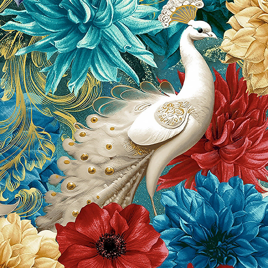 Blank Alabaster Wings Peafowls & Flowers Teal 1 Yard Cut