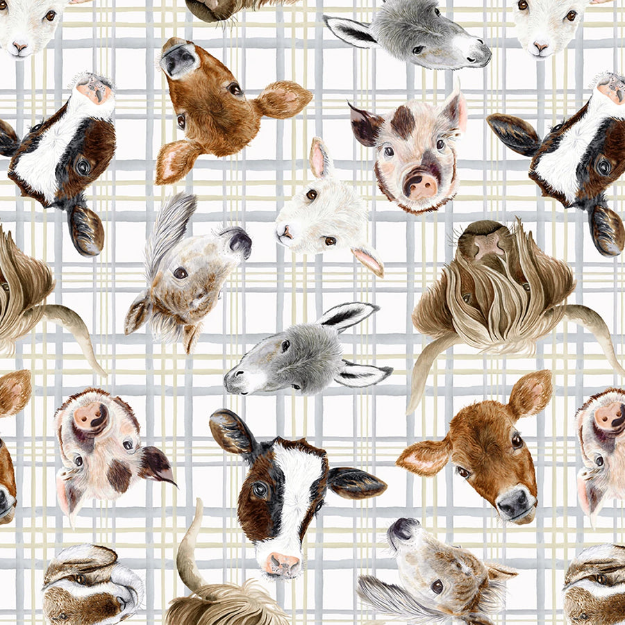 Little Seedlings Farm Plaid with Animal Heads White