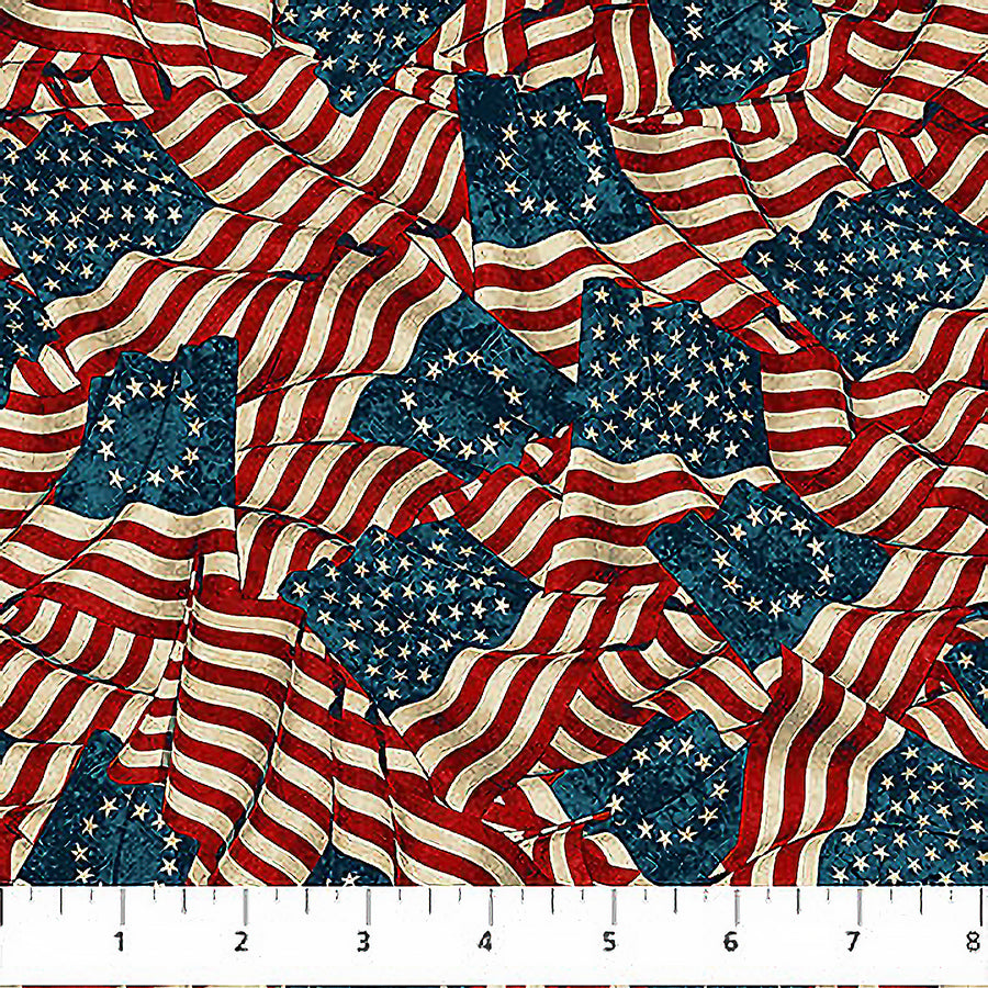 108" Wide Quilt Backing Stonehenge America 250 Flags Beige Multi
