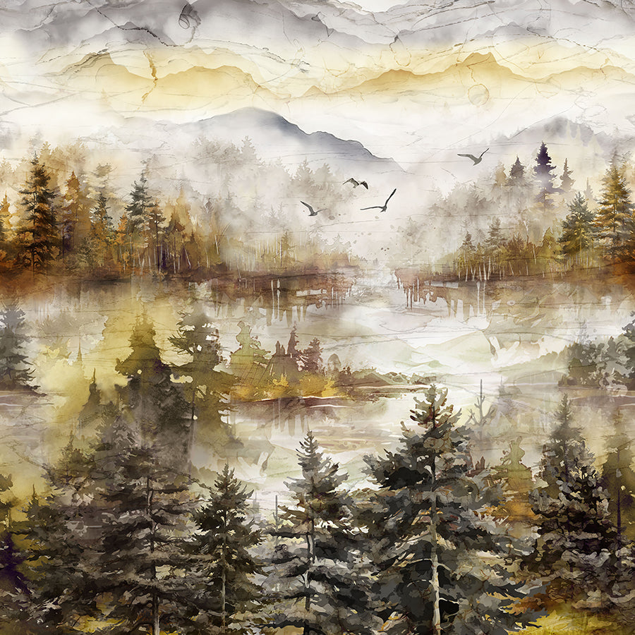108" Wide Quilt Backing Misty Morning Scenic Ochre Multi