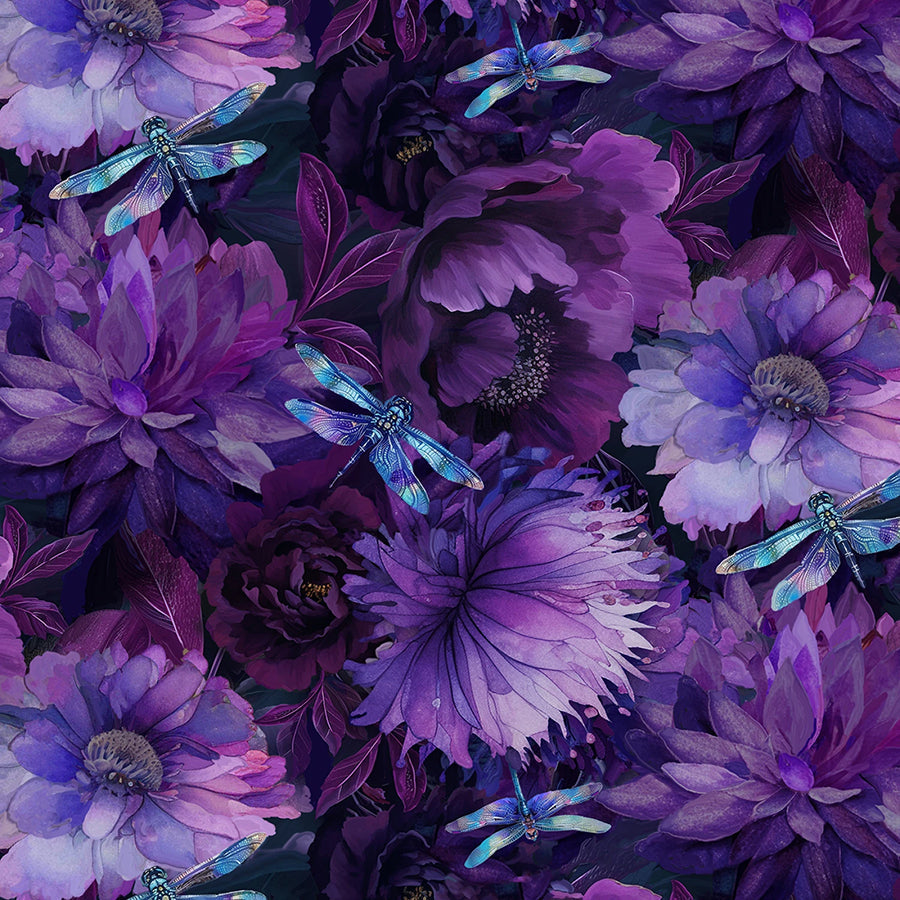 108" Wide Quilt Backing Dragonfly Mist Florals Purple