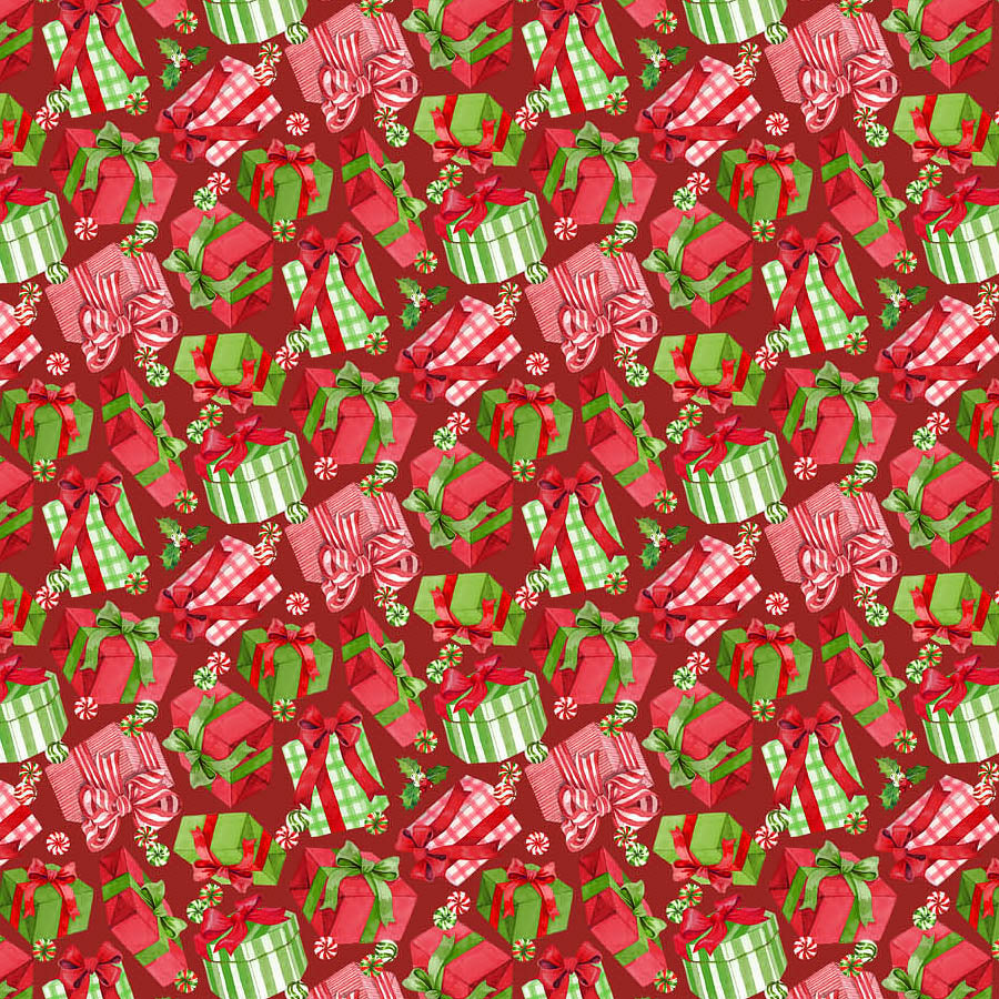Vintage Christmas Presents Dark Red Multi