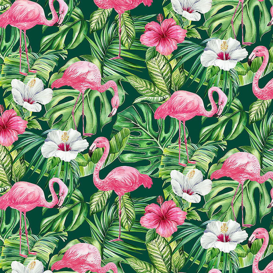 Coastal Breeze Flamingo Flowers Dark Green Multi
