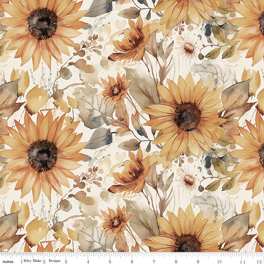 108" Wide Quilt Backing Evening on the Prairie Watercolor Sunflowers Cream